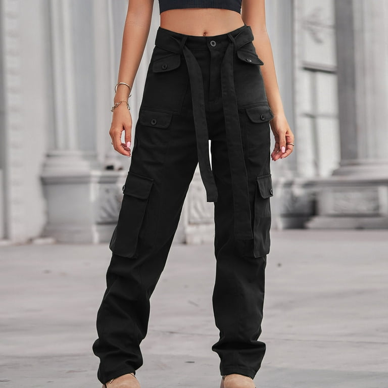 RQYYD Cargo Pants Women Casual Loose High Waisted Straight Leg Baggy Pants  Trousers Lightweight Outdoor Travel Pants with Pockets(Black,XXL) 