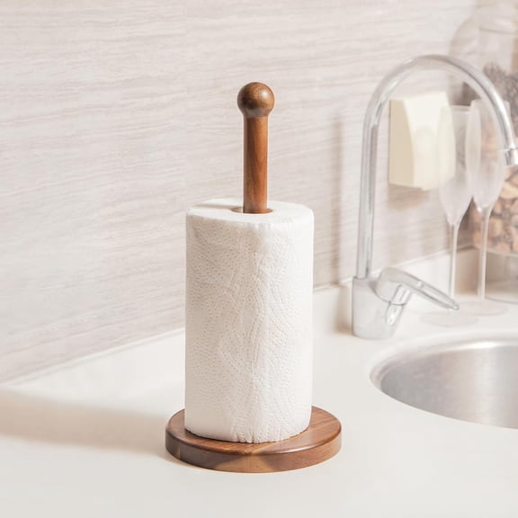 Rustic Farmhouse 14"Acacia Wooden Paper Towel Holder - Freestanding 6.7" Heavy Base for Kitchen