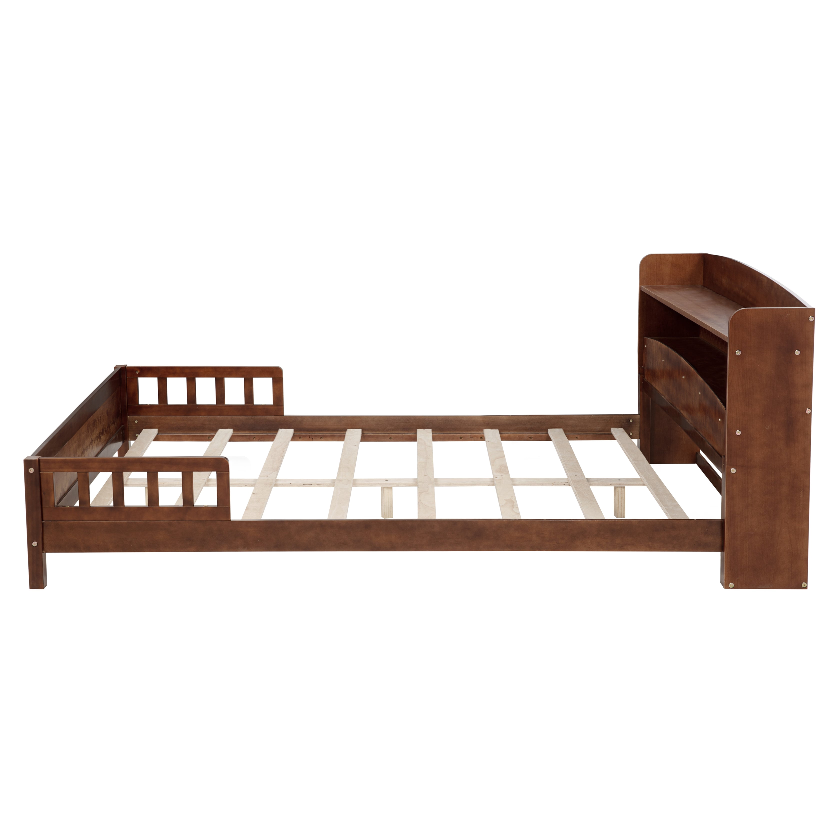 Sailvan Full Pine Wood Bed with Bookcase Headboard, LED Motion Sensor Light & Bed Guardrails