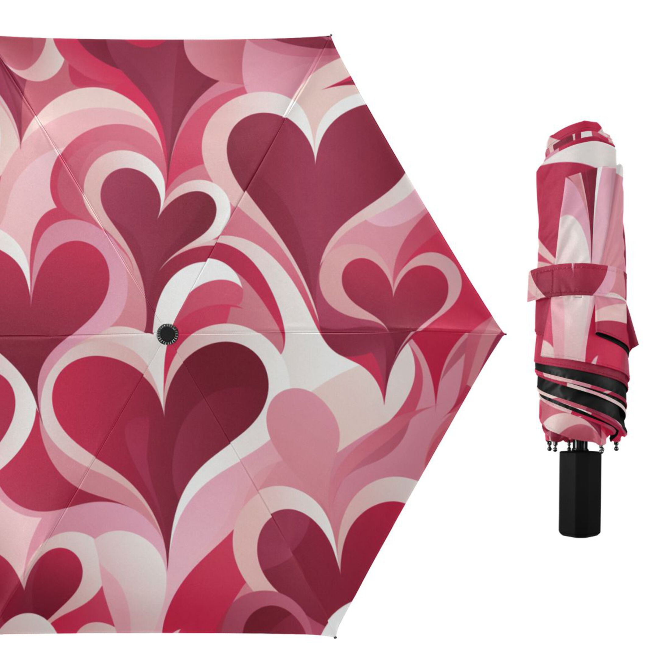 Love Hearts in Valentine Compact Folding Umbrella for Rain Windproof Travel Umbrella UPF 50+ Lightweight Packable Arc Size