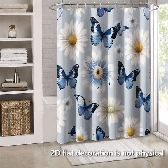 Hoease Blue Butterfly Daisy Seamless Floral Shower Curtain, 71W x 71L Inch Waterproof Fabric Bathroom Curtain with 12 Hooks, Fresh Botanical Bath Decor