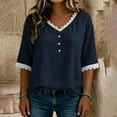 thumbnail image 6 of Otntypg Womens Linen Tops Elbow Length Sleeve Lace Trim Button V Neck T-shirt Dressy Casual Work Blouses Summer Outfits Beach Vacation Tunic Tees Shirt Navy M, 6 of 7