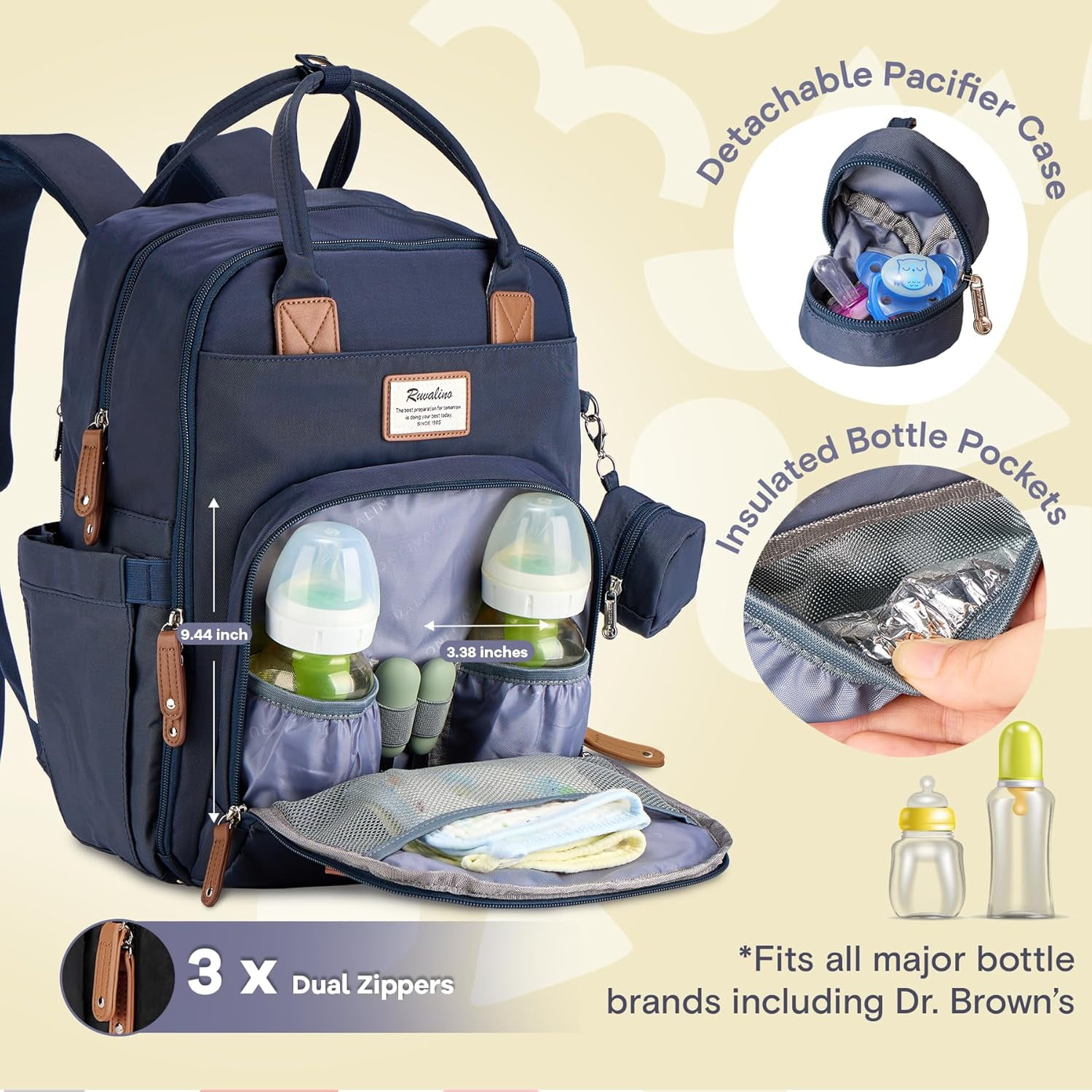 Ruvalino Baby Diaper Bag Backpack, Multifunction Waterproof Travel Bag with Insulated Bottle Holders, Durable Fabric and Changing Pad, Navy Blue