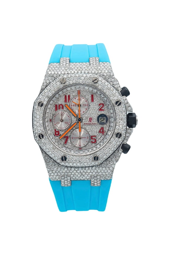 Pre-Owned Audemars Piguet Royal Oak Offshore Chronograph 42MM 26170ST Diamond Paved Arabic Dial Diamond Paved Bezel Blue Rubber Band 10.75ct