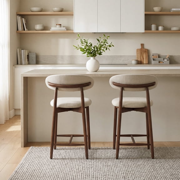 Nidovia Set of 2 Counter Height Bar Stools, 26" Mid-Century Modern Solid Wood Kitchen Island Chairs with Back, Upholstered Padded Breakfast Barstools with Footrest, Beige