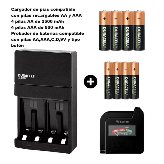 Cargador Duracell + 4 AA 2500 mAh + 4 AAA 900 mAh + Probador de pilas