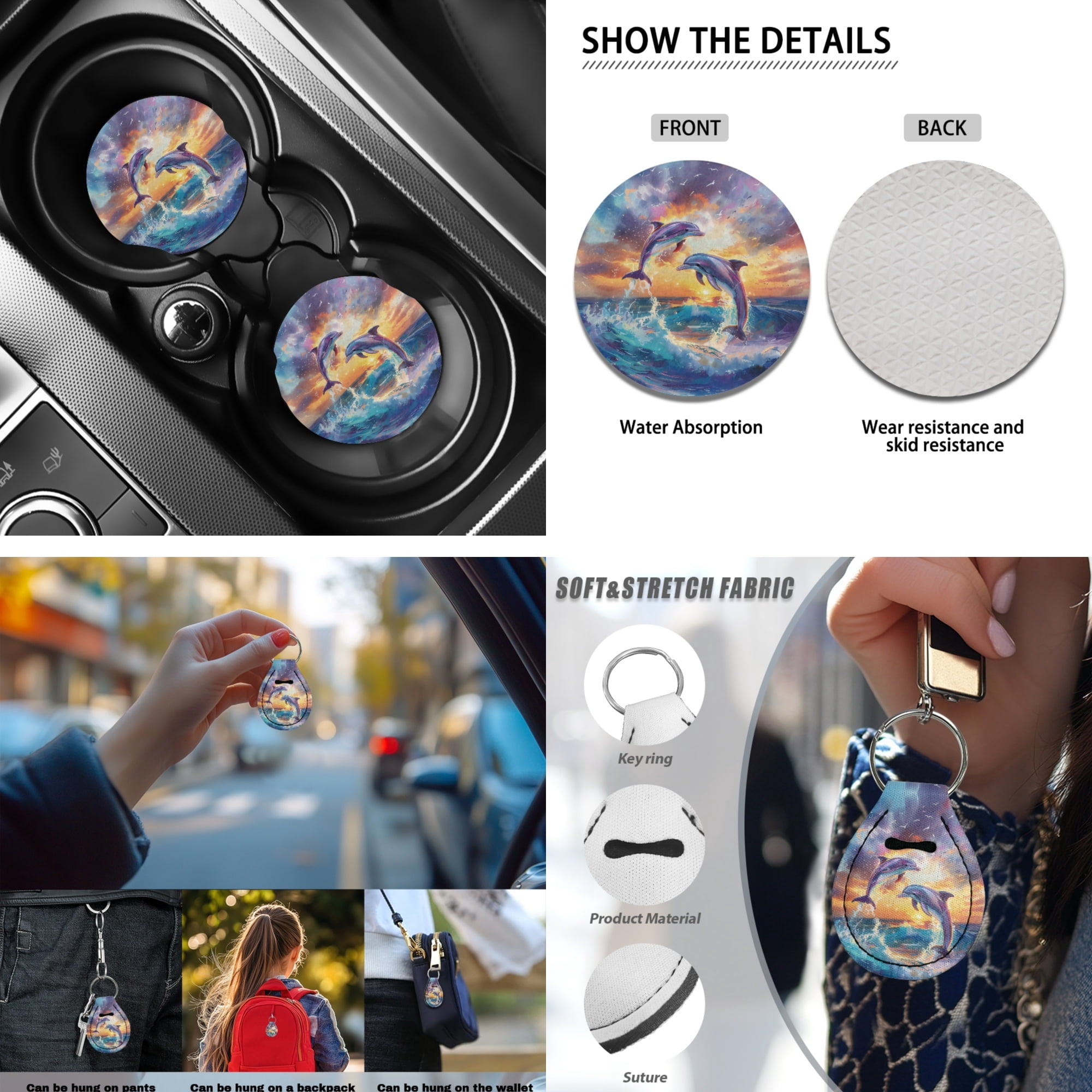 Jeiento Dolphin 13 PCS Set Car Seat Covers Steering Wheel Cover Seatbelt Strap Pad Armrest Cover Pad Cup Coasters Blue Ocean Key Ring for Women Men Automobile Interior Sets