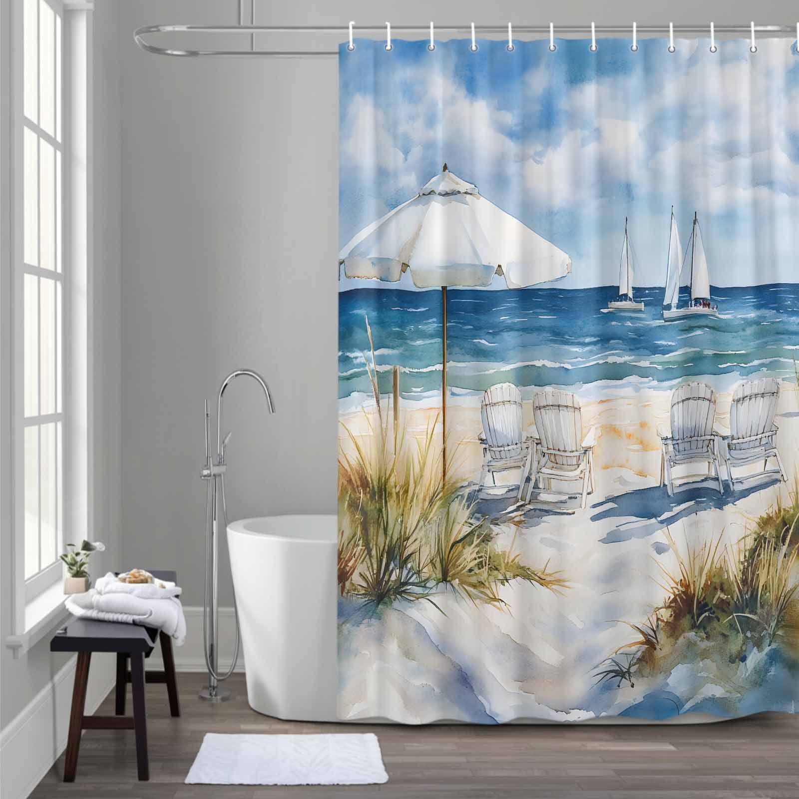 Summer Scenery Shower Curtains for Bathroom, Beach Chair Washable Fabric Shower Curtain with Hooks Waterproof Bathroom Decor Sets, 36 x 72 Inches