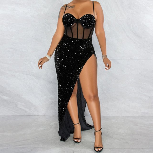 FcBaudy Camisole Sans Manches Robe Col en V, Robes d'Été pour Femmes, Robes pour Femmes Robe Fendue Irrégulière en Maille Solide Robe Col en V pour Femmes