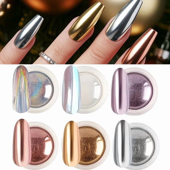 6Pcs Nail Chrome Mirror Powder Set White Gold Silver Laser Metallic Aurora