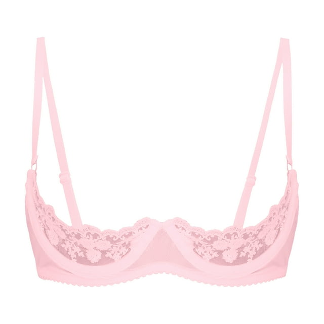 renvena Women's Lingerie Bras Balconette Mesh Underwired Shelf Bra Unlined Sheer Bralette Pink XXL