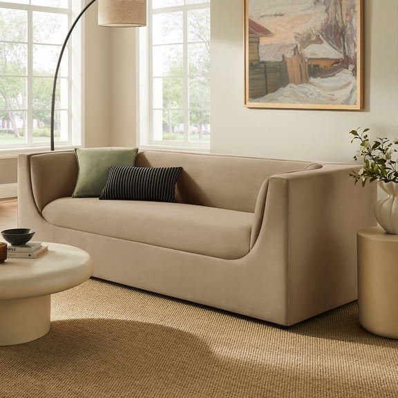 Hilda 86" Curved Back Performance Velvet Sofa in Taupe