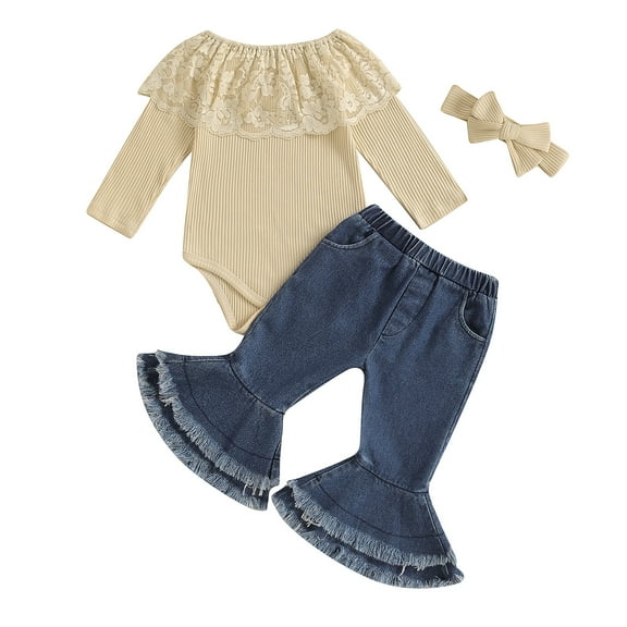 Musuos Baby Girls 3 Piece Outfits 6 9 12 18 24M Lace Patchwork Off-Shoulder Romper and Elastic Denim Flared Pants Headband Set