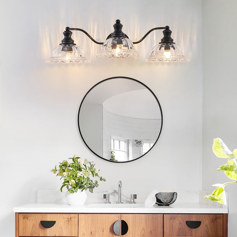 24" Vintage 3-Light Bathroom Wall Sconce, Elegant Black Metal Vanity Light with Clear Glass Shades, Wall Mounted Fixture for Bathroom, Hallway, Bedroom (Bulbs Not Included)