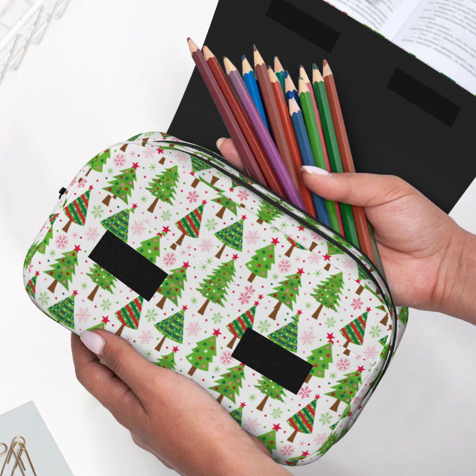 Rateoe Christmas Trees Pattern Double Clamshell Pen Case, Storage Organizer with Two Zipper Compartments– Holds Up to 50 Pencils & Pens