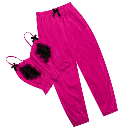 

Womens Pajamas Sets 2 Pieces Outfits Bowknot Sleeveless Cami Tops with High Waisted Long Pants Sets Sleepwear Loungewear
