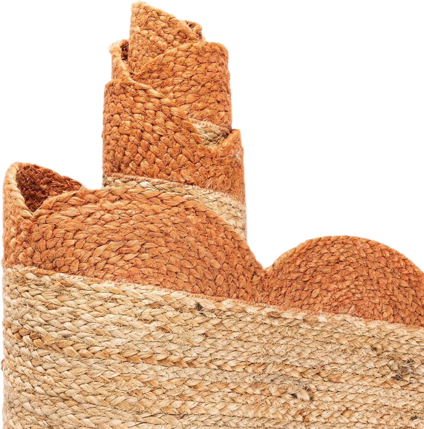 Indian Handmade Braided Natural Jute with Orange Border Scalloped Area Rug 2 x 5 Feet (61 cm x 152 cm), Home Decor Rugs