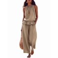 thumbnail image 2 of Women's Linen 2 Piece Outfits Sleeveless Ruffle Top Wide Leg Pants Summer Loungewear Beach Sets Khaki XL, 2 of 8