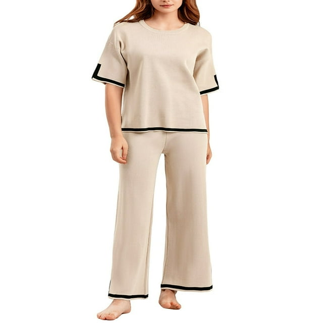 Womens Tricot 2 Pièces Pull Ensembles Manches Courtes Tops Taille Élastique Large Pantalons Lounge Set