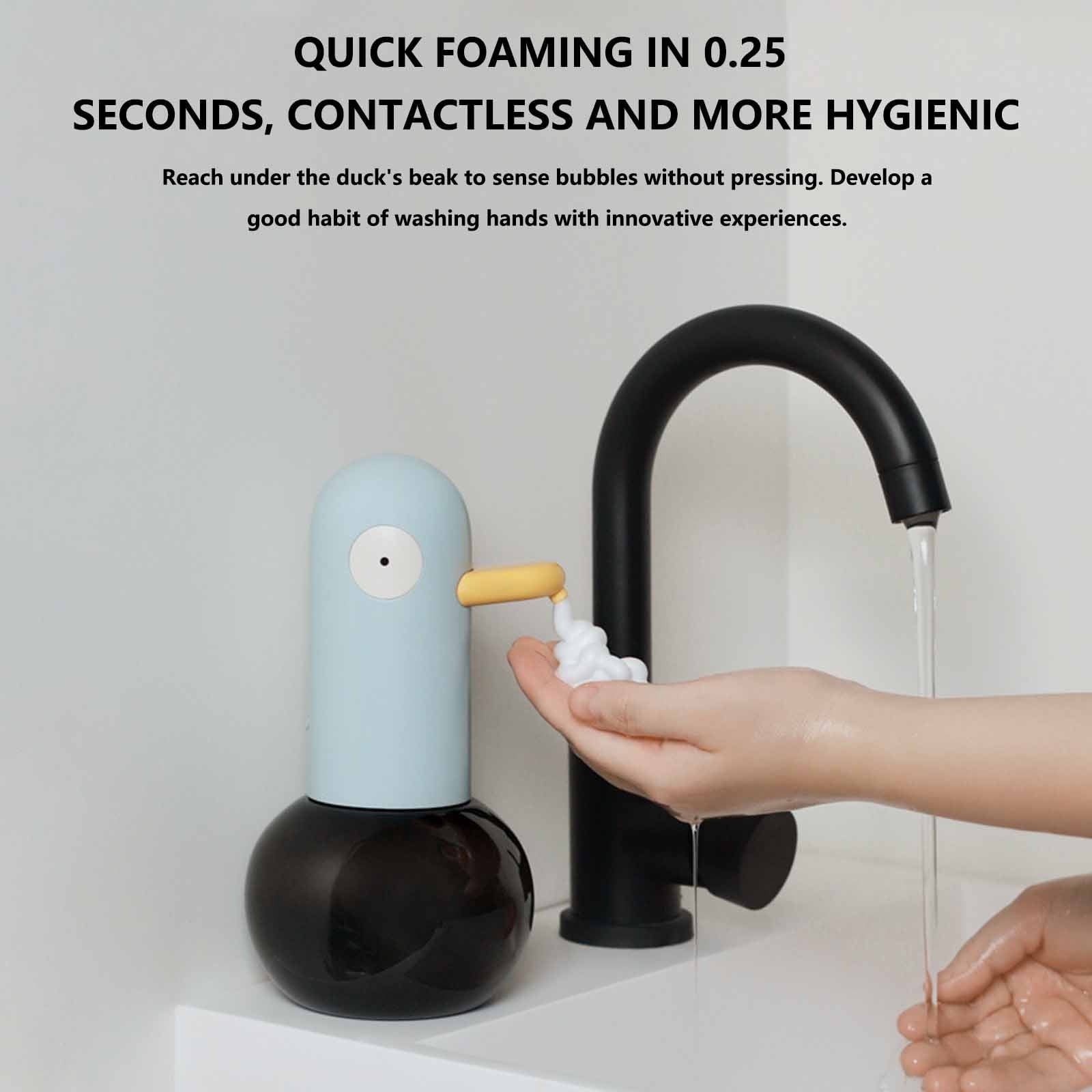 Automatic Soap Dispenser Blue Duck Cute Touchless Design, Infrared Sensor 0.25 Second Foaming for Bathroom Kitchen, IPX4 Waterproof ABS Plastic 400ml Capacity Kids Hand Washing Encouragement