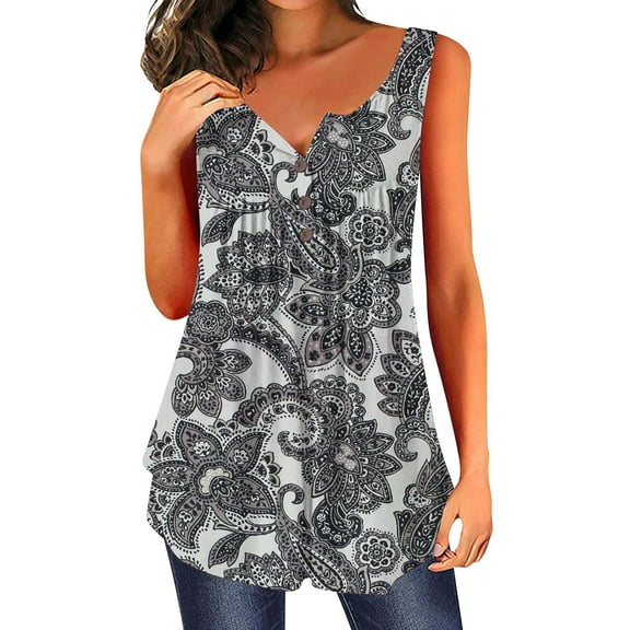 Summer Saving Wycnly Womens Tank Tops Floral Print Round Neck Sleeveless Shirts Flowy Pleated Swing Button Down Vest Tunic Gray L Up to 65% off