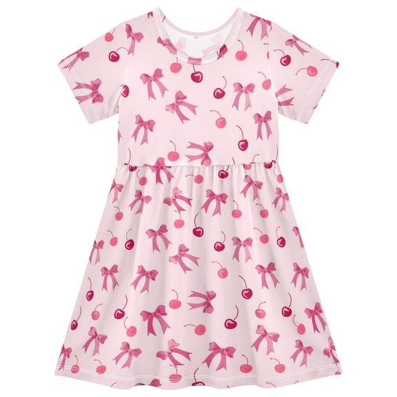 joogoo Bows and Cherry Girls' Short Sleeve Dress Kids Dresses 5-6T