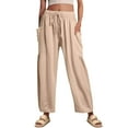 thumbnail image 3 of Womens Wide Leg Hippie Pants Plus Size Linen Ankle Length Drawstring High Waisted Cropped Pants Flowy Elastic Waist Breathable Harem Pantswith Pockets Beige L, 3 of 9