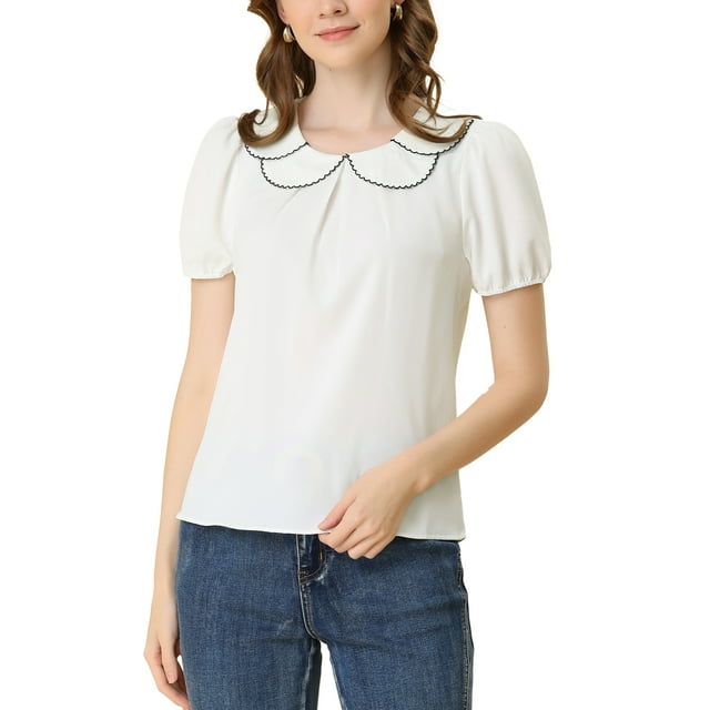 INSPIRE CHIC Blouse Haut à Col Peter Pan Décontracté d'Été Rétro à Manches Bouffantes pour Femme m Blanc