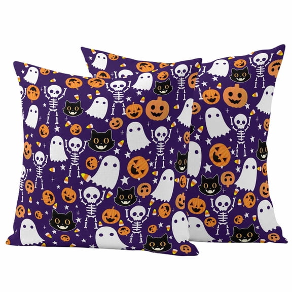 Halloween Purple Outdoor Waterproof Pillow Covers, Black White Ghost Orange Skull Pumpkin Decorative Square Throw Pillowcase Sofa Cushion Sham for Patio/Couch/Chair, 26"x26" 2 Pack