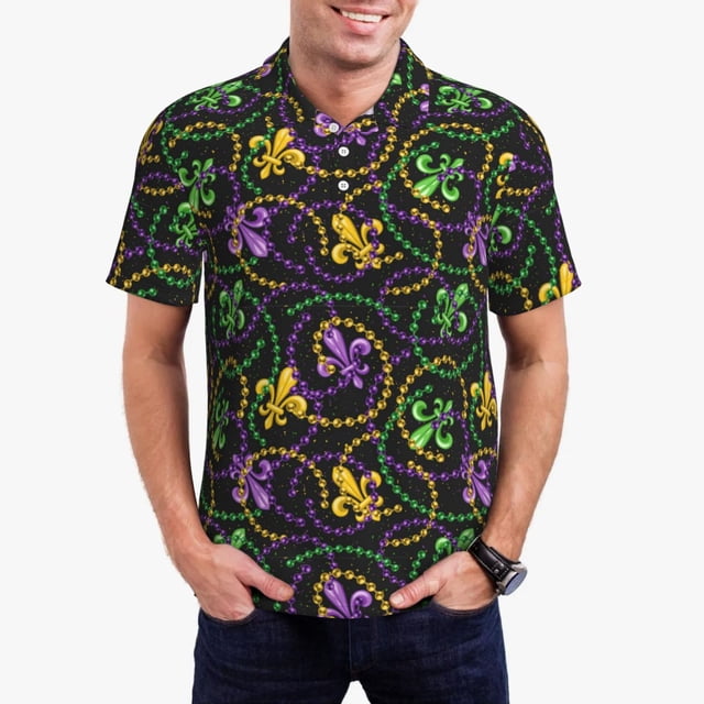 Balery Mardi Gras6 Camisa Polo de Hombre con Estampado, de Manga Corta y Tejido Medio, Camisa Tipo Golf Polo-XX-Large
