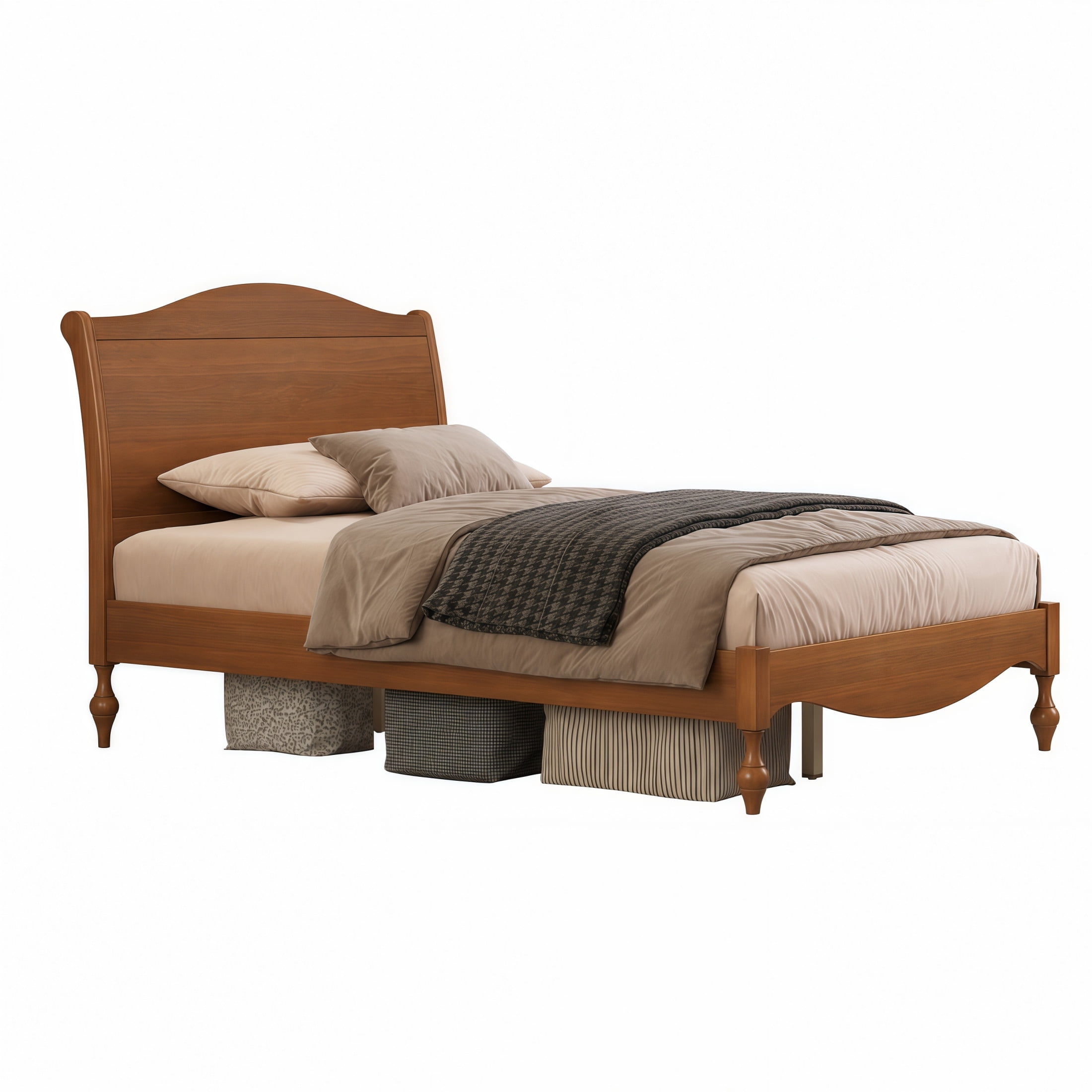 Noble House Carola Full Wooden Platform Bed Frame, Traditional Arched Headboard Vintage Design, Light Walnut