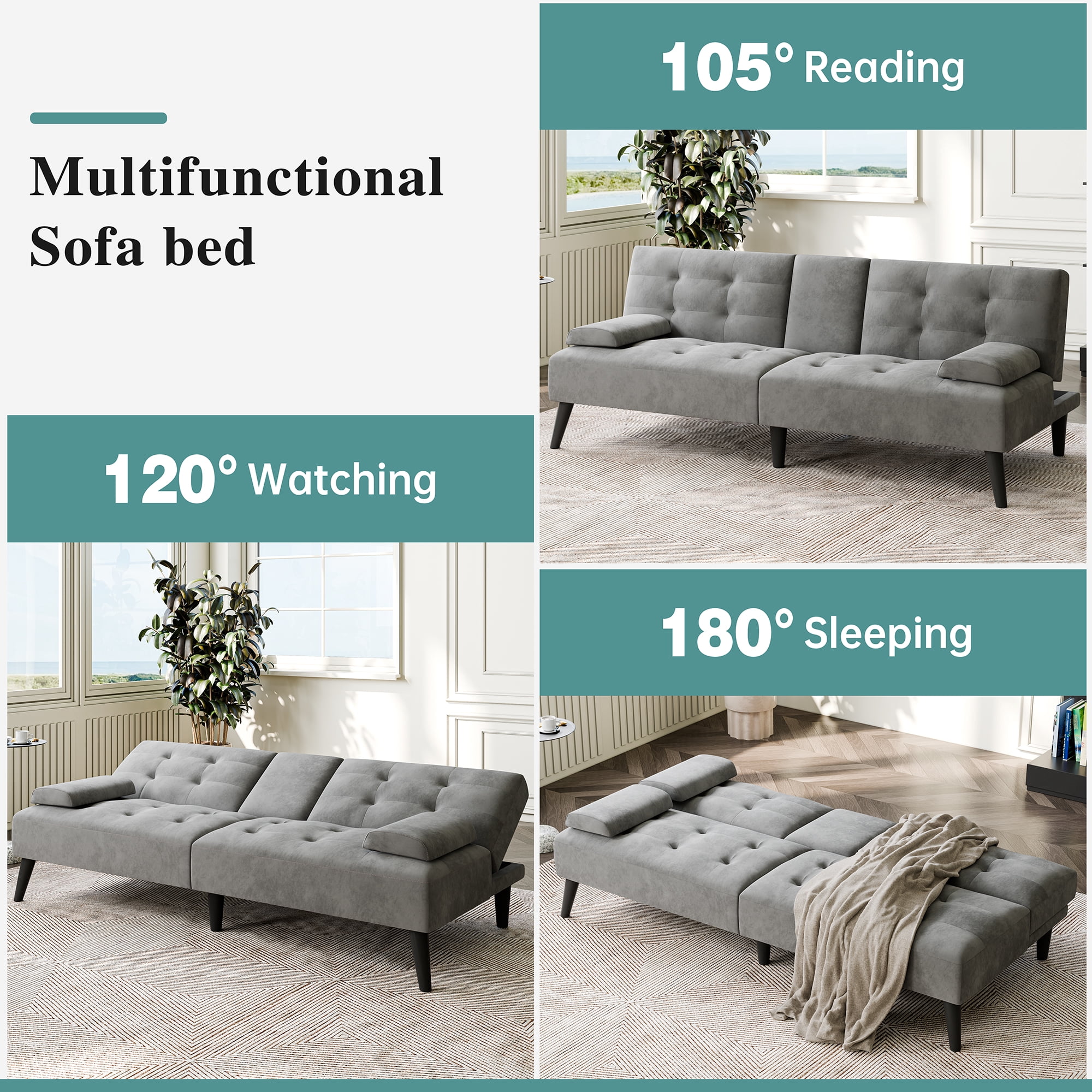 Walsunny 64" Sofa Bed Futon Couches, Folding Loveseat Recliner with 3-Angle Adjustment, Removable Arms 2 Cup Holders for Small Spaces,Gray