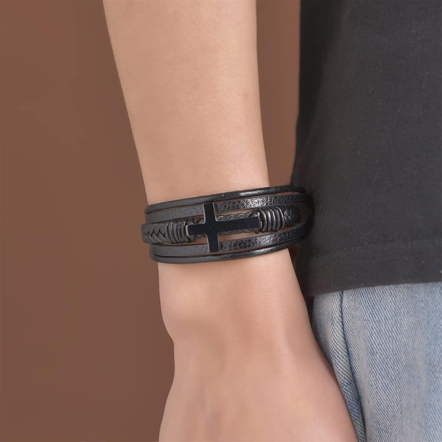 to My Son- Love You Forever Pray Through It Leather Cross Bracelet, Inspirational Bracelets, Men's Leather Stainless Steel Black Braided Leather Bracelet, Jewelry Gift for Son