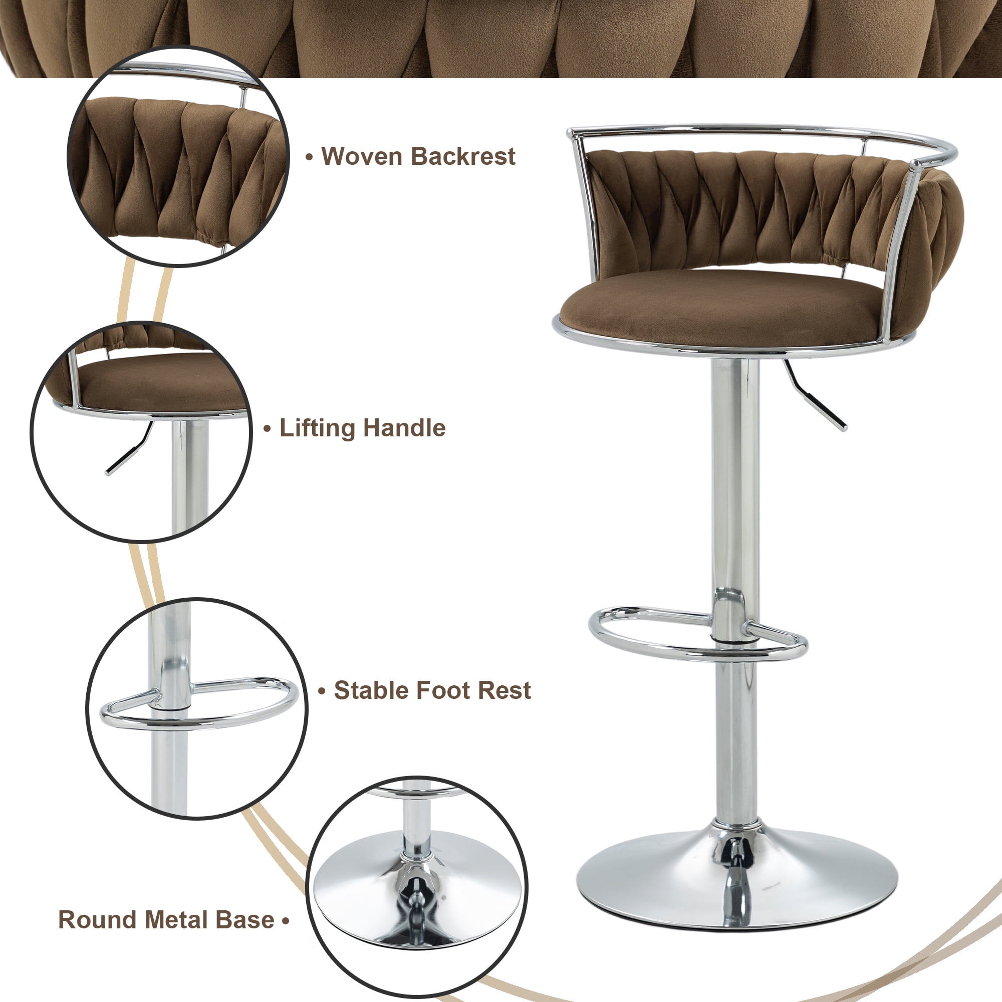 UIXE 360° Swivel Bar Stools Velvet Upholstered Adjustable Bar Chairs Set of 2 Silver Metal Barstool with Back & Footrest for Home and Kitchen, Coffee