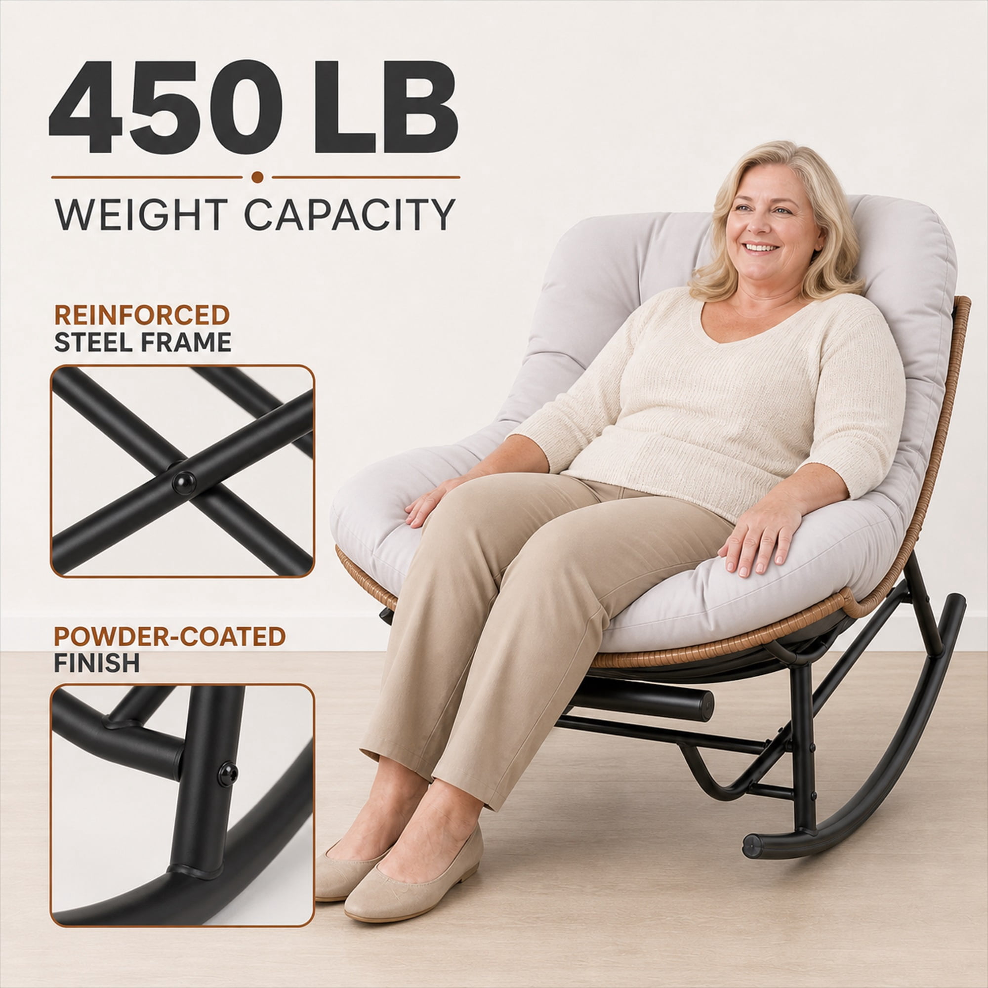 CLOUDREST PRO Outdoor Papasan Rocking Chair with Retractable Footrest, Oversized Wicker Patio Lounge Rocker with Thick Cushion and Steel Frame, 450 lb Capacity, Indoor Outdoor, Beige