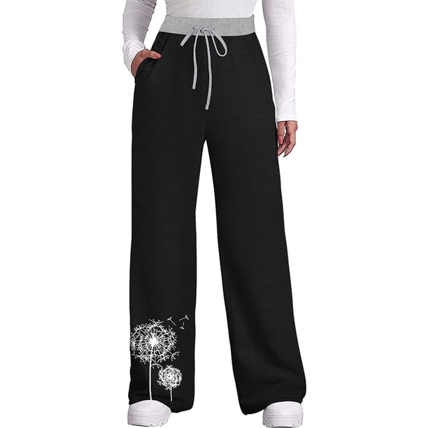 Pantalones de yoga estampados con cordón de pierna ancha y cintura elástica alta informal para mujer Pompotops ulkah938655
