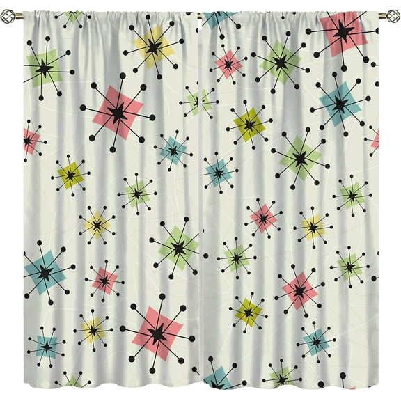 Mid Century Atomic Curtains, Vintage Atomic Stars Exploding Modern Geometric Boomerangs, Bedroom Living Room Blackout Noise Reduction Curtains42X63 Inch