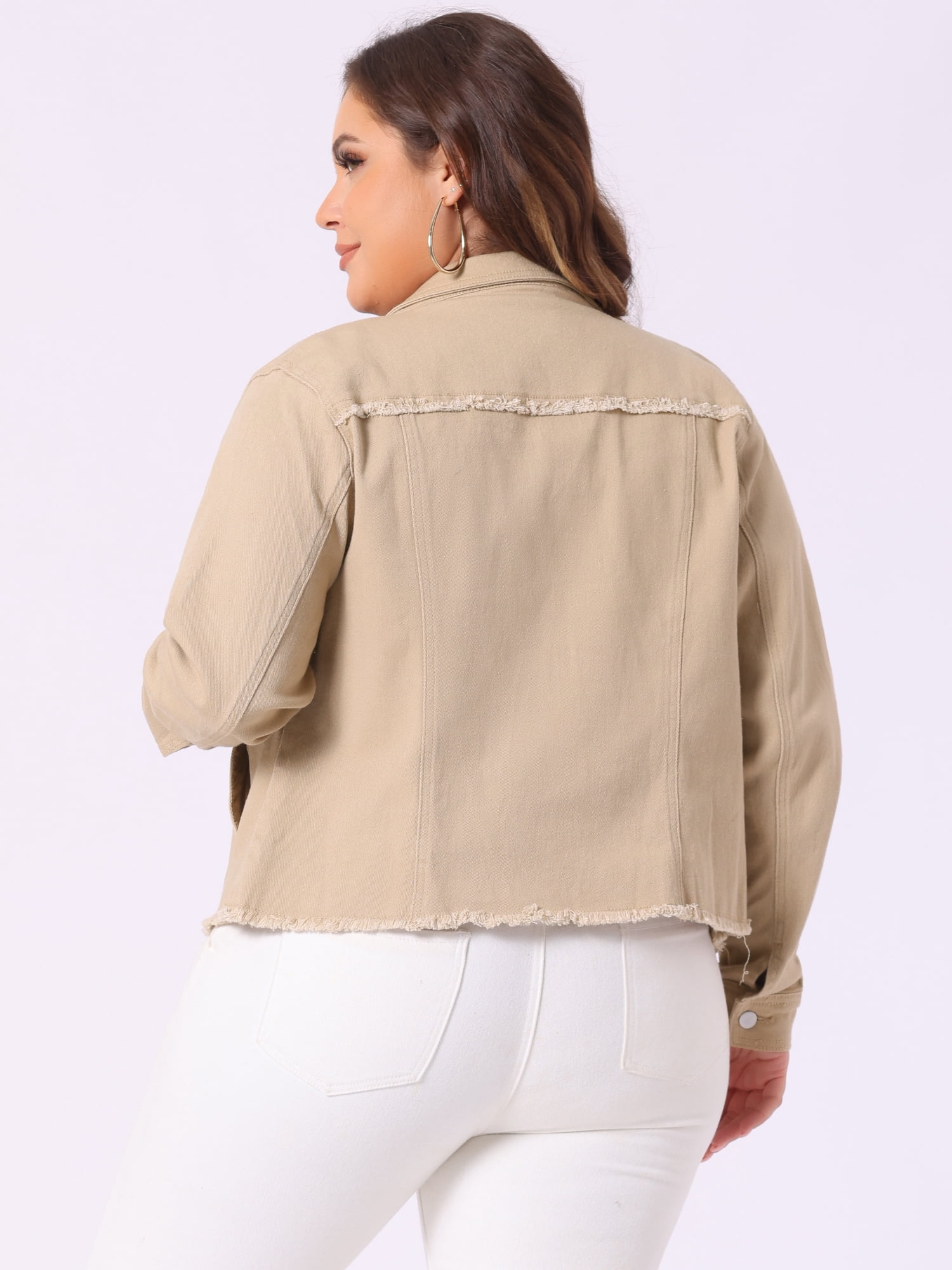 DARING DIVA Women's Plus Size Washed Front Frayed Classic Denim Jacket 2X Khaki