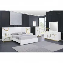 Modern Luxurious 6-Piece California King Bedroom Set, High Gloss Finish Wood Bed Set with Gold Vein Accent, White
