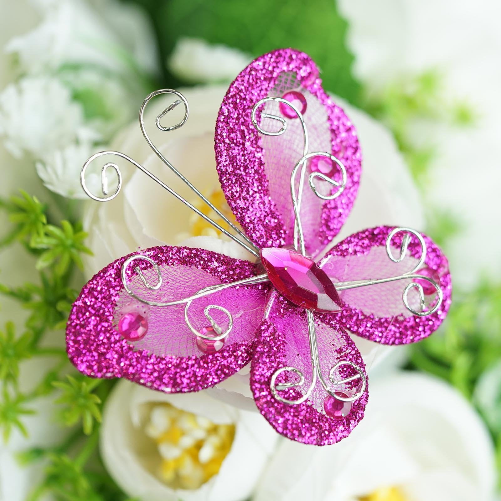 12 Pack | 2 " Fushia Crystal Studded Organza Butterflies - Walmart.com
