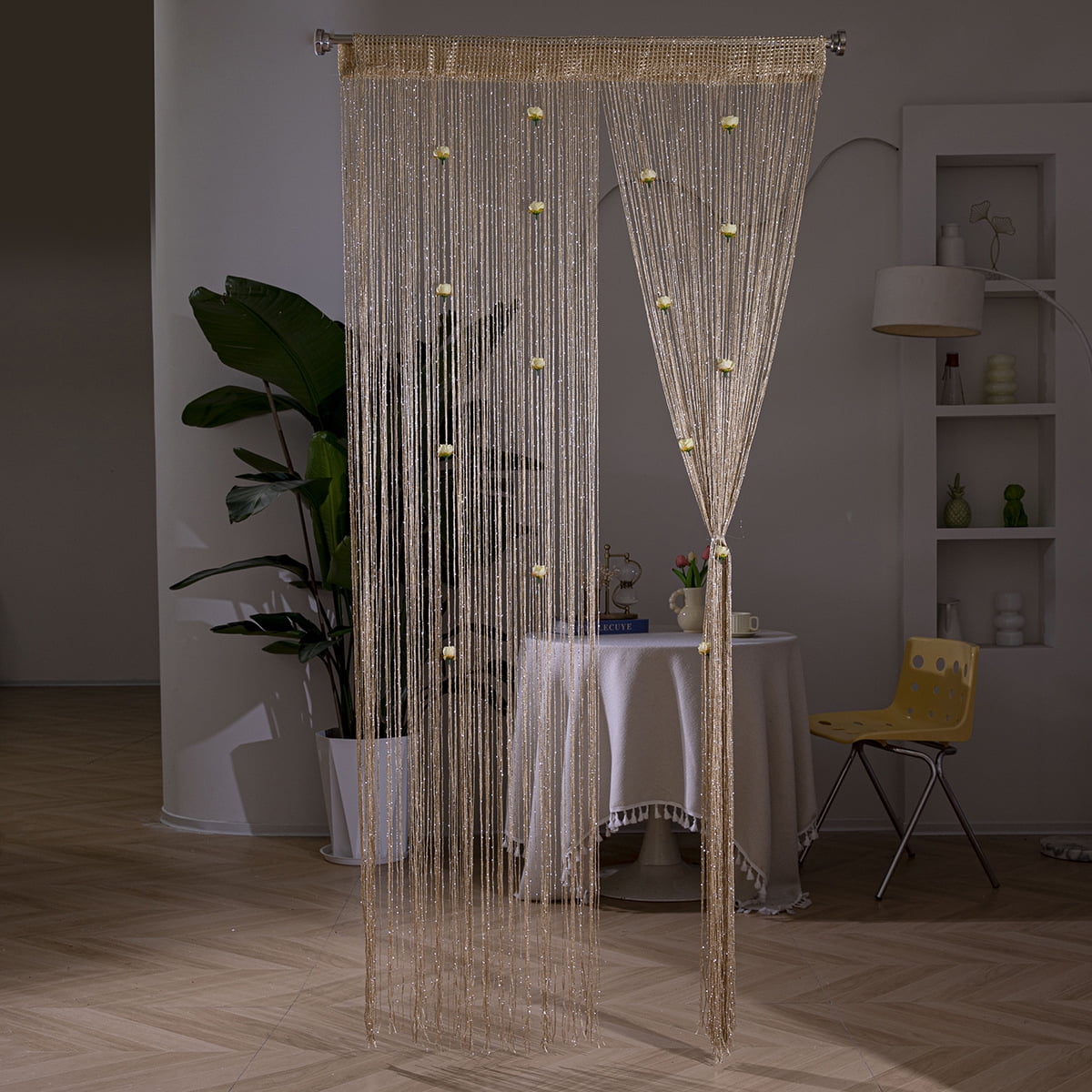Rod‑Pocket Champagne Glitter String Curtain with Flower Beads Decorative