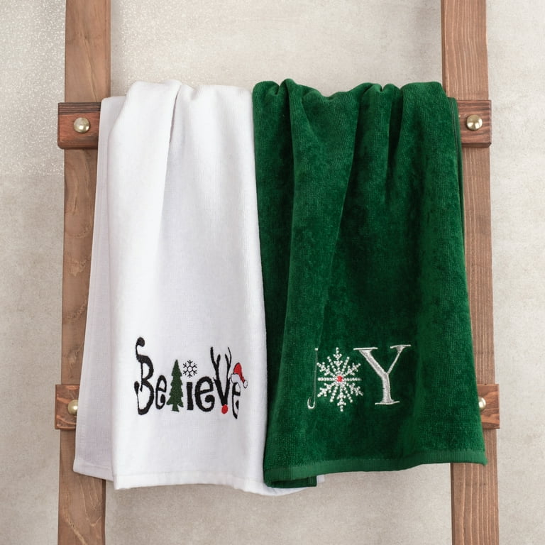 American Soft Linen Christmas Towels Bathroom Set, 2 Packed Embroidered Decorative 100% Cotton Hand Towels, Dish Towels for Decor Xmas, Santa Tree