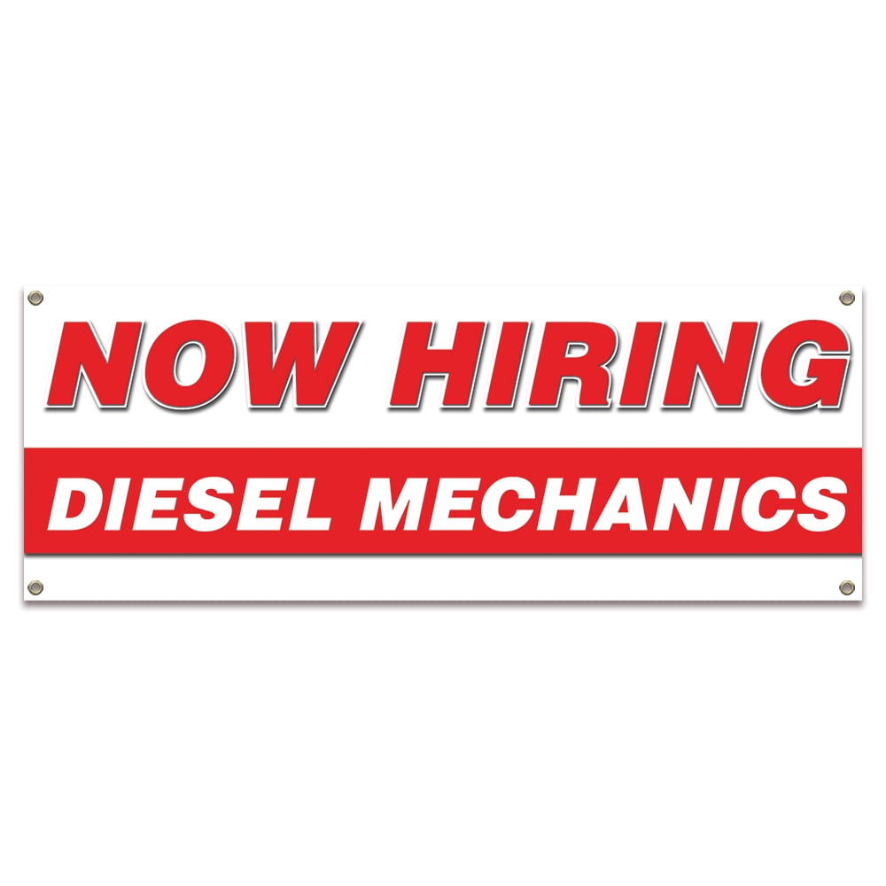 Now Hiring Diesel Mechanics 18" X 48" Banner Apply Inside Employment Help Wanted Made in