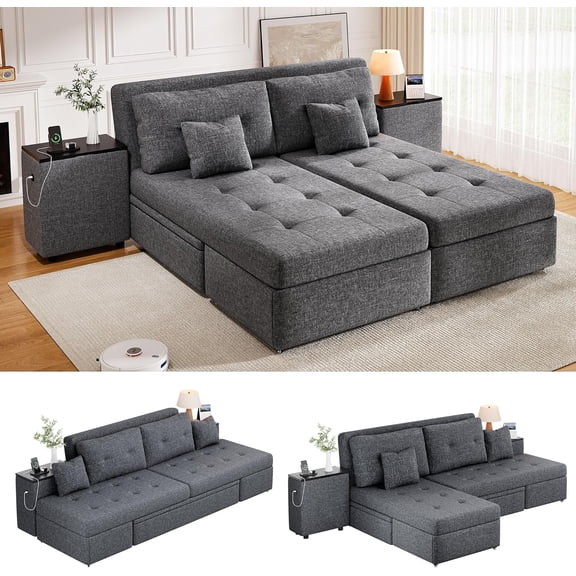 Queen Size Sofa Bed, 5-in-1 Multi-functional Convertible Sleeper Sofa with 2 Storage Cabinet Nightstand & USB Ports, 100