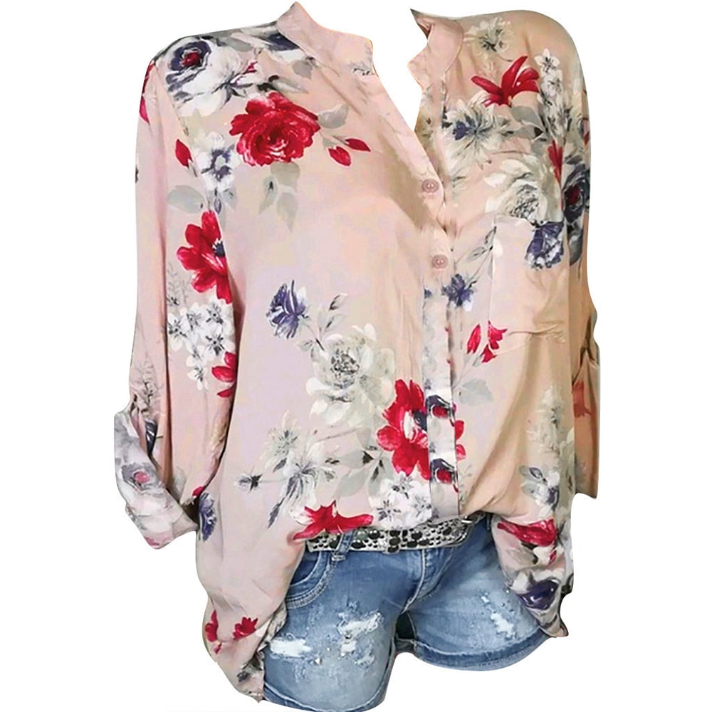 KZKR Women's Long Sleeve Floral V Neck Tops Casual Tunic Blouse Loose ...
