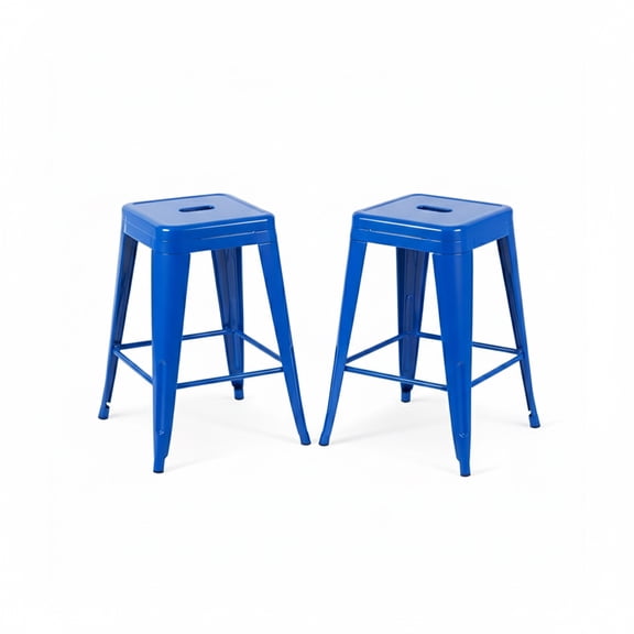 AC Pacific 24-Inch Industrial Metal Counter Stools, Stackable Indoor/Outdoor Barstools, Set of 2, Blue