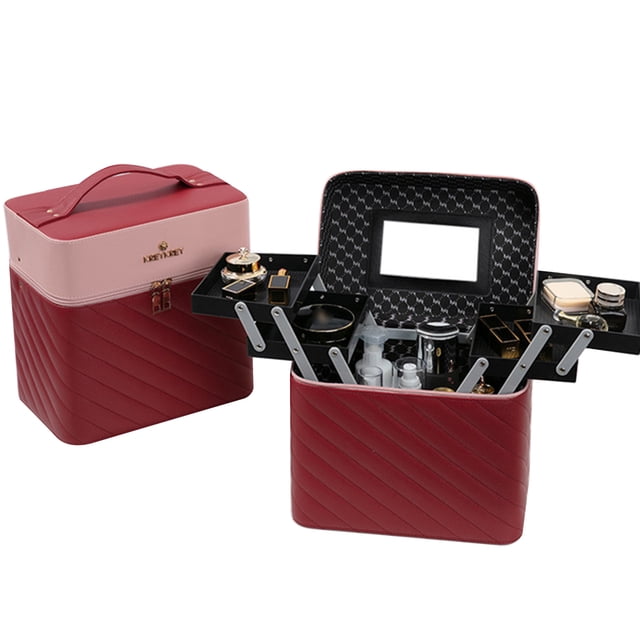 Premium PU Leather 4-Tray Makeup Organizer Case - Waterproof & Shockproof, Portable Multi-Functional Cosmetic Storage Box with Smooth-Sliding Trays, Dual Zippers & Handle for Travel/Home, Available