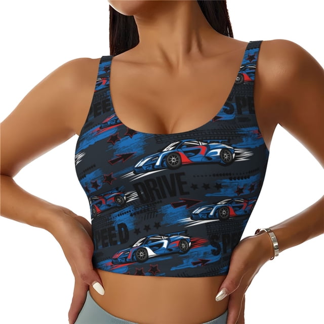 Fotbe Blue Sports Car Sujetador Deportivo Largo sin Aros para Mujer con Almohadillas y Soporte Medio, Transpirable y Absorbente, Camiseta Tipo Chaleco o Tank Top-Small
