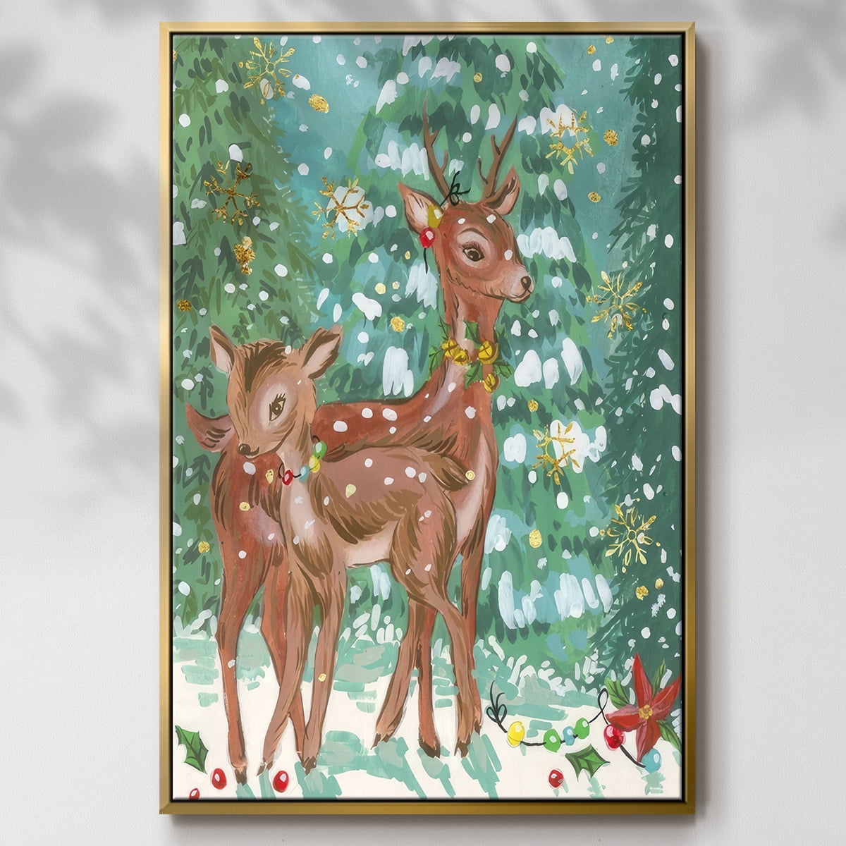 Doe and Fawn II - Framed Gallery Wrapped Holiday Canvas - 27 x 41 - Gold Frame