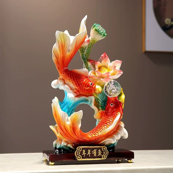 Decor Fish Statue, Koi Fish Decor Chinese Feng Shui Lucky Fish Play with Lotus Sculpture, Handcrafted Home Office Desktop Decor Feng Shui Ornaments for Success Wealth Good Lucky Gift